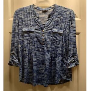 Cocomo Size Petite Large Blue Space Dye Split Neck Roll Tab Sleeve Popover Top